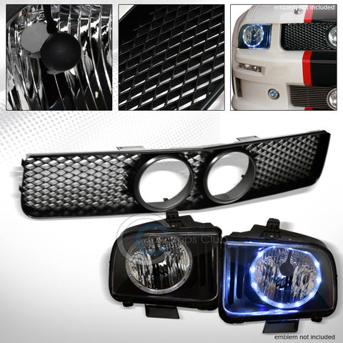 BLACK DRL LED HALO HEAD LIGHTS LAMPS NB+MATTE MESH GRILL GRILLE 05-09 MUSTANG GT