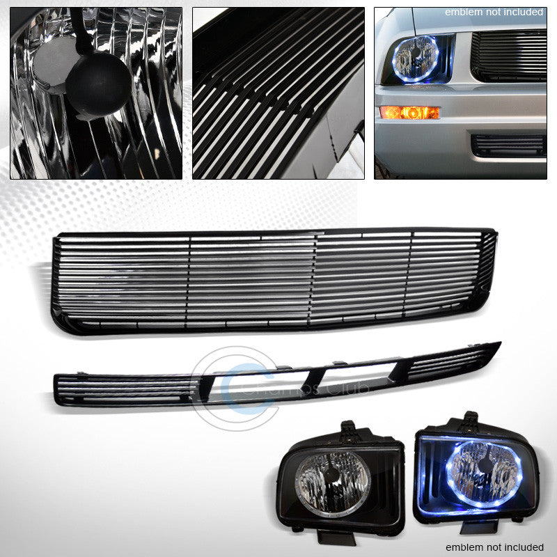 BLK LED HALO HEAD LIGHTS NB+HORIZONTAL HOOD+BUMPER GRILL GRILLE 05-09 MUSTANG V6
