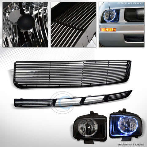 BLK LED HALO HEAD LIGHTS NB+HORIZONTAL HOOD+BUMPER GRILL GRILLE 05-09 MUSTANG V6