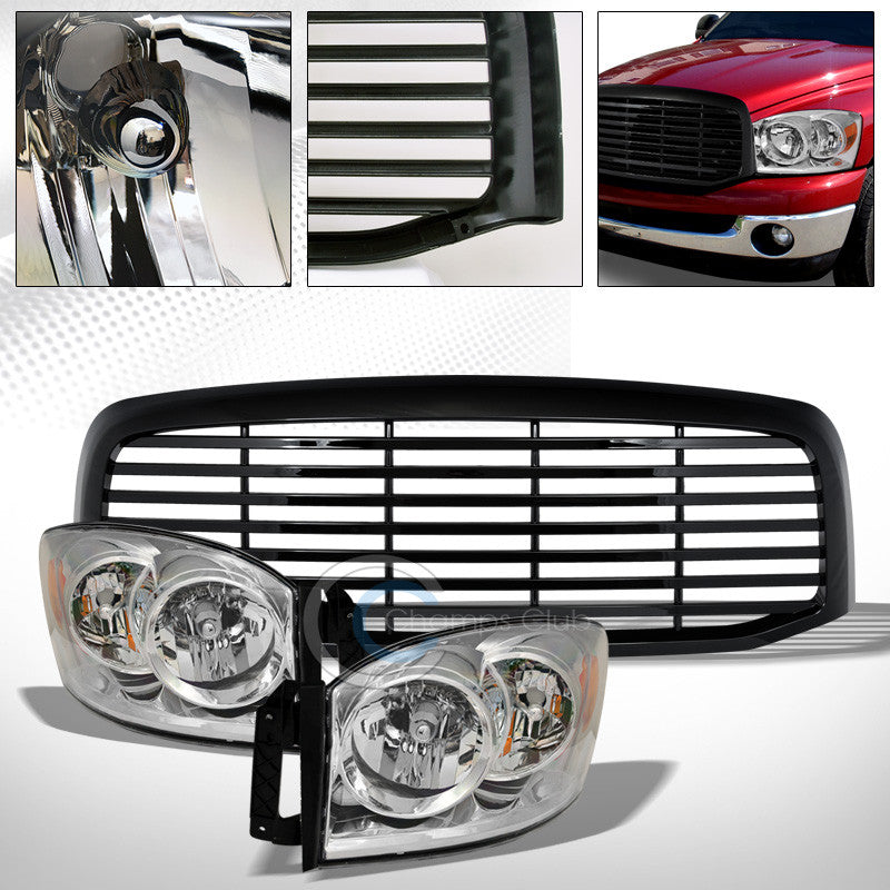 CHROME HEAD LIGHTS AMBER NB+BLACK HORIZONTAL BUMPER GRILL GRILLE 06-09 DODGE RAM