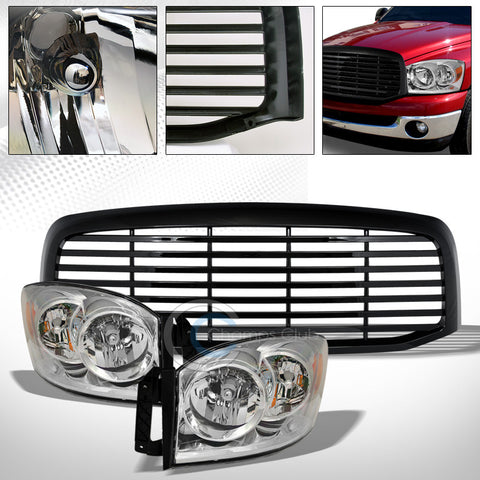 CHROME HEAD LIGHTS AMBER NB+BLACK HORIZONTAL BUMPER GRILL GRILLE 06-09 DODGE RAM