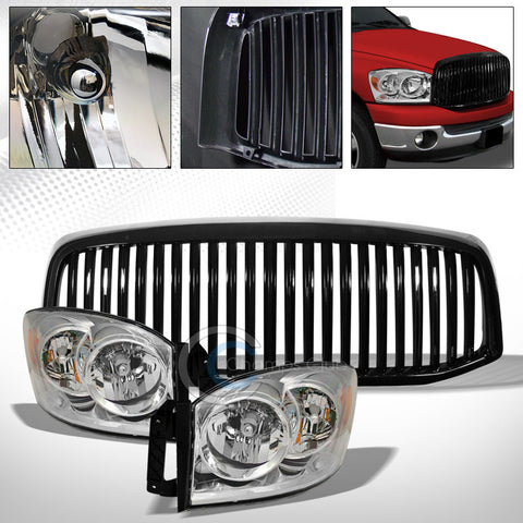 CHROME HEAD LIGHTS AMBER NB+BLACK VERTICAL BUMPER GRILL GRILLE 06-09 DODGE RAM