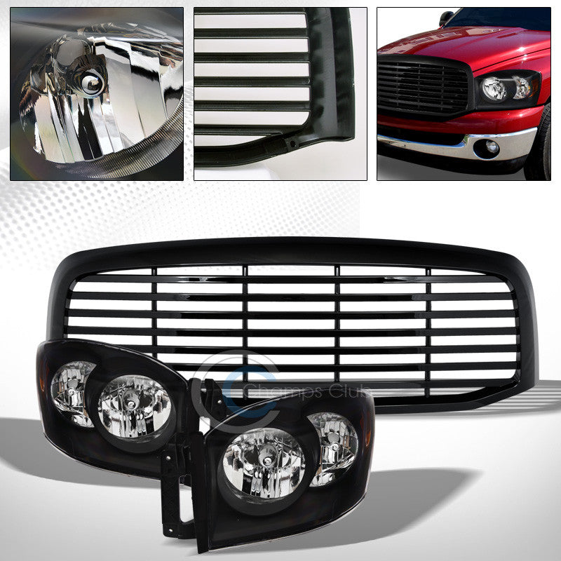 BLACK HEAD LIGHTS SIGNAL AMBER NB+HORIZONTAL BUMPER GRILL GRILLE 06-09 DODGE RAM
