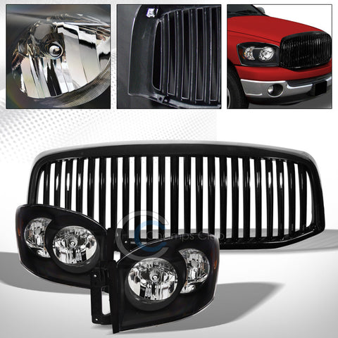 BLACK HEAD LIGHTS SIGNAL AMBER NB+VERTICAL BUMPER GRILL GRILLE 06-09 DODGE RAM