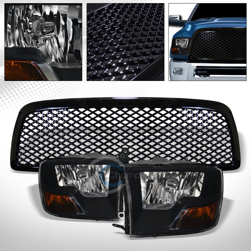 BLK DUAL LAMPS STYLE HEAD LIGHTS SIGNAL AMB+GRILL GRILLE NB 09-12 DODGE RAM 1500