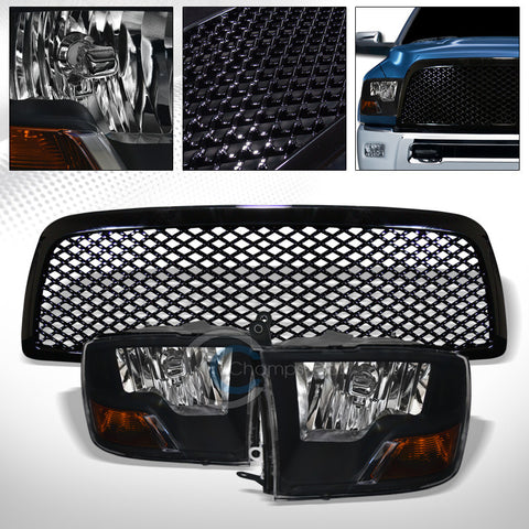 BLK DUAL LAMPS STYLE HEAD LIGHTS SIGNAL AMB+GRILL GRILLE NB 09-12 DODGE RAM 1500