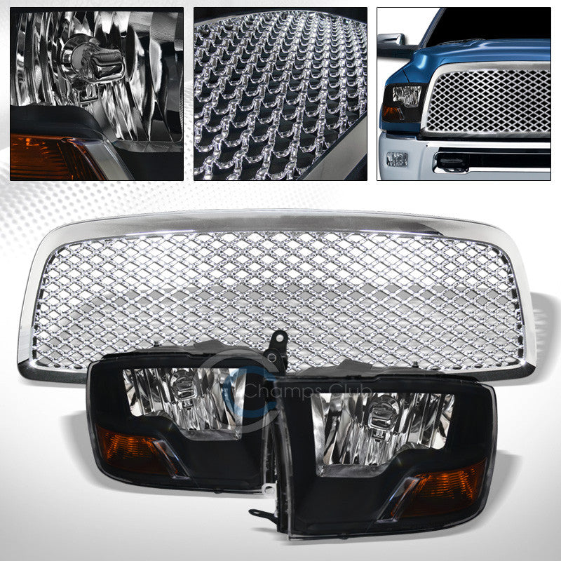 BLK DUAL LAMPS HEAD LIGHTS SIGNAL AM+CHROME GRILL GRILLE NB 09-12 DODGE RAM 1500