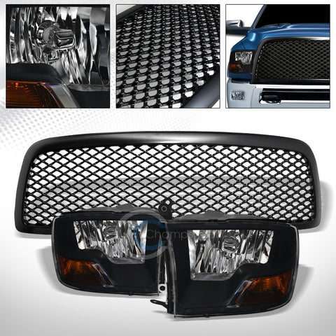 BLK DUAL LAMPS HEAD LIGHTS SIGNAL AMB+MATTE GRILL GRILLE NB 09-12 DODGE RAM 1500