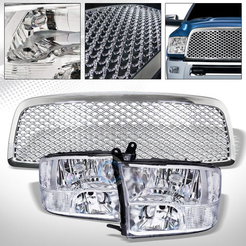 CHROME QUAD LAMPS HEAD LIGHTS SIGNAL w/HOOD GRILL GRILLE NB 09-12 DODGE RAM 1500
