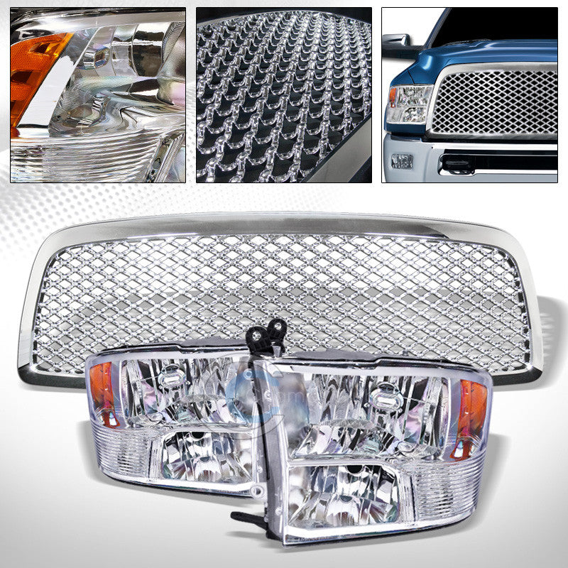 CHROME QUAD LAMPS HEAD LIGHTS SIGNAL AMBER+GRILL GRILLE NB 09-12 DODGE RAM 1500
