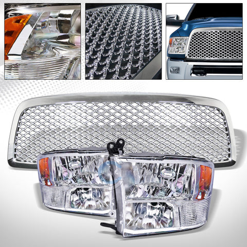CHROME QUAD LAMPS HEAD LIGHTS SIGNAL AMBER+GRILL GRILLE NB 09-12 DODGE RAM 1500