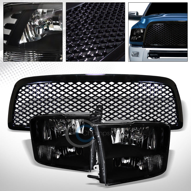 BLK QUAD LAMPS HEAD LIGHTS SIGNAL+HOOD GRILL GRILLE ABS NB 09-12 DODGE RAM 1500