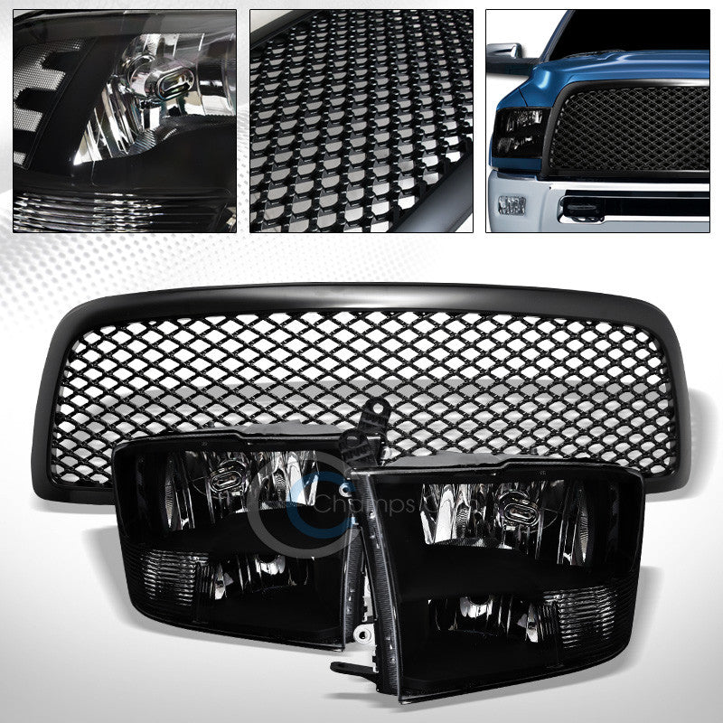 BLK QUAD LAMP HEAD LIGHTS SIGNAL+MATTE HOOD GRILL GRILLE NB 09-12 DODGE RAM 1500