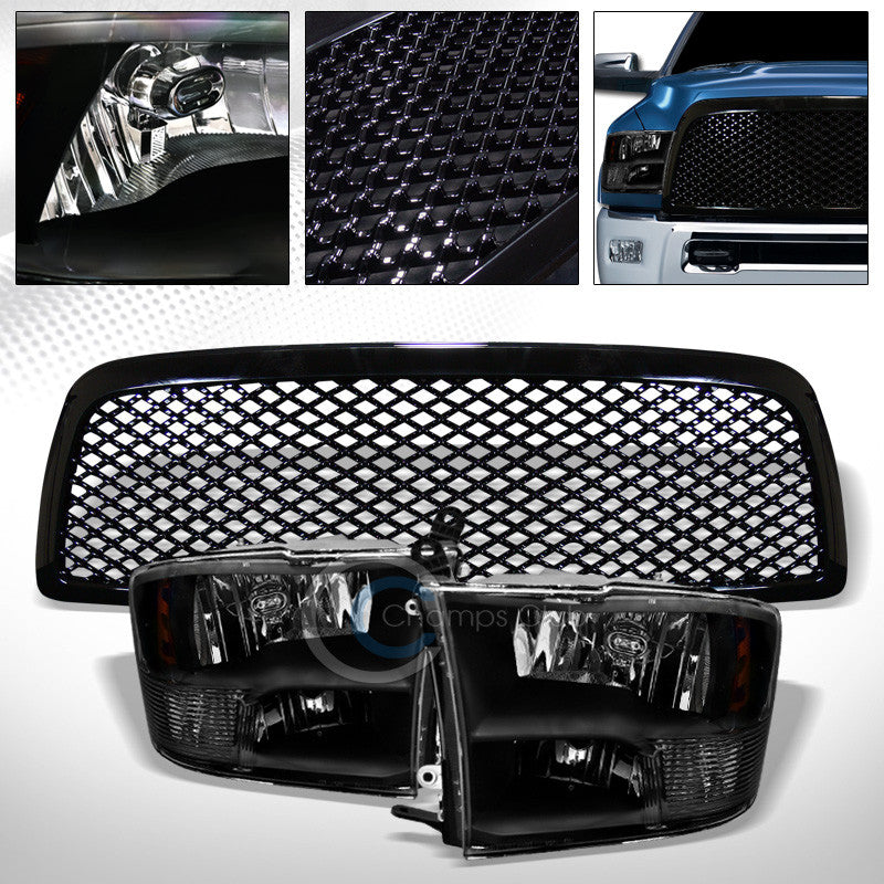 BLK QUAD LAMP HEAD LIGHTS SIGNAL AMBER+HOOD GRILL GRILLE NB 09-12 DODGE RAM 1500