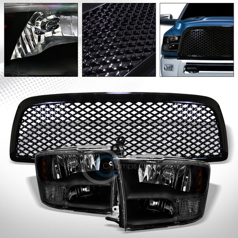BLK QUAD LAMP HEAD LIGHTS SIGNAL AMBER+HOOD GRILL GRILLE NB 09-12 DODGE RAM 1500