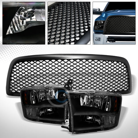 BLK QUAD LAMPS HEAD LIGHTS SIGNAL AMB+MATTE GRILL GRILLE NB 09-12 DODGE RAM 1500