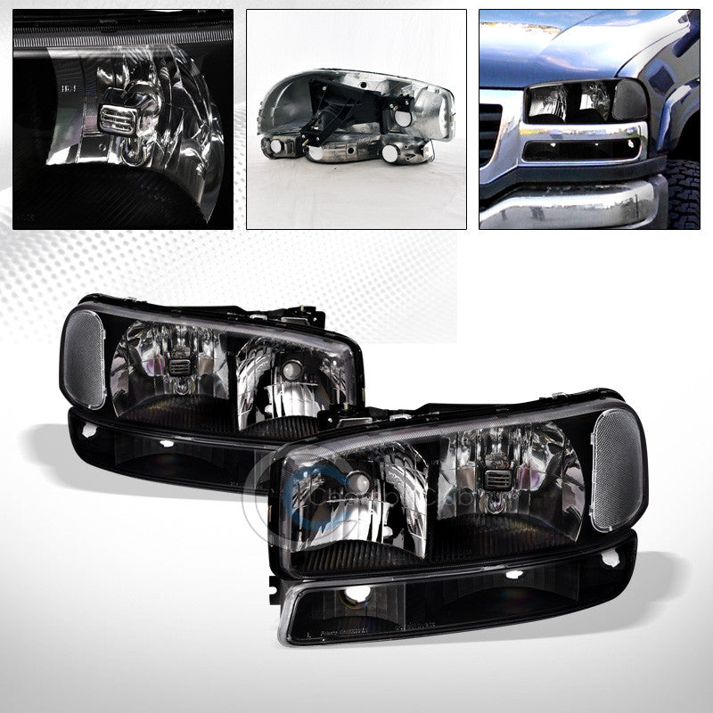 FACTORY BLK CRYSTAL HEAD LIGHTS+BUMPER SIGNAL LAMPS NB 99-06 07 SIERRA/00+ YUKON