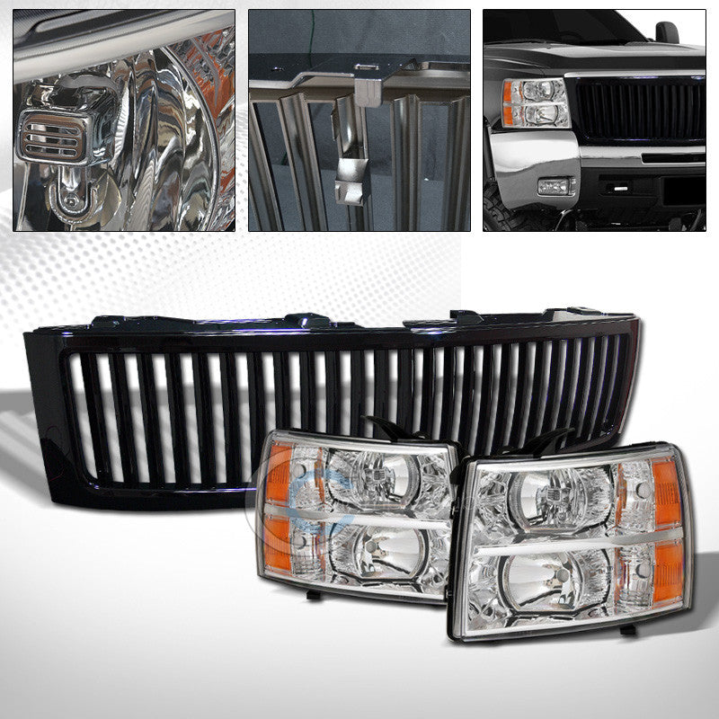 CHROME HEAD LIGHTS SIGNAL AMBER+VERTICAL GRILL GRILLE 07-13 CHEVY SILVERADO 1500