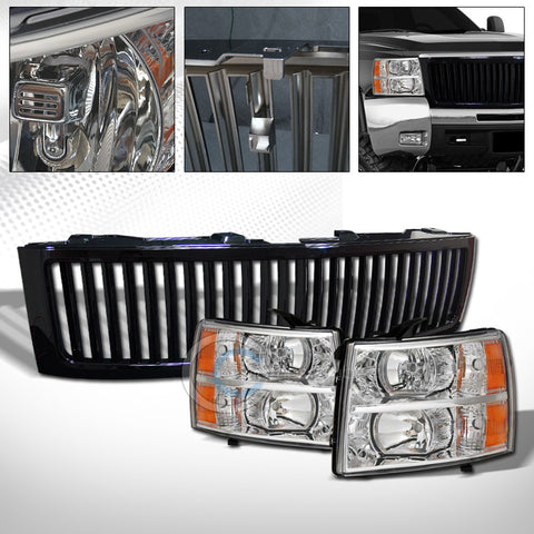 CHROME HEAD LIGHTS SIGNAL AMBER+VERTICAL GRILL GRILLE 07-13 CHEVY SILVERADO 1500