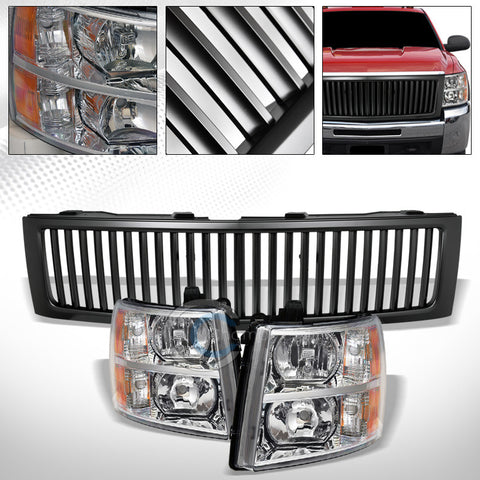 CHROME HEAD LIGHTS SIGNAL A+MATTE BLK VERTICAL GRILL GRILLE 07-13 SILVERADO 1500