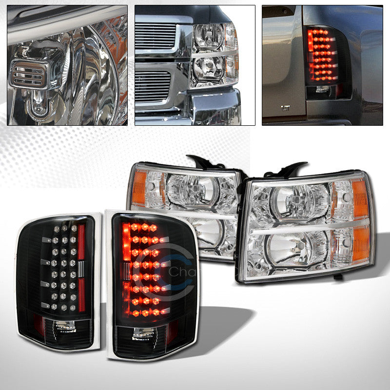 CHROME HEAD LIGHTS SIGNAL AMBER+BLK LED TAIL BRAKE LAMP 07-13 14 CHEVY SILVERADO
