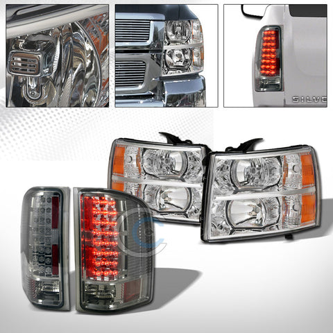 CHROME HEAD LIGHTS SIGNAL AMBER W/SMOKE LED TAIL BRAKE LAMPS 07-13 14 SILVERADO