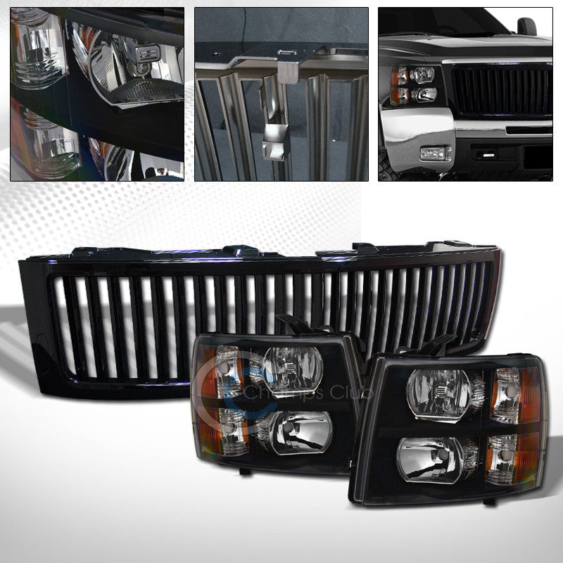 BLACK HEAD LIGHTS SIGNAL AMBER+VERTICAL GRILL GRILLE 07-13 CHEVY SILVERADO 1500