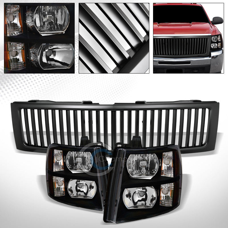 BLACK HEAD LIGHTS SIGNAL AMBER+MATTE VERTICAL GRILL GRILLE 07-13 SILVERADO 1500