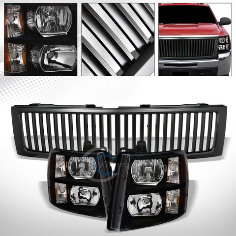 BLACK HEAD LIGHTS SIGNAL AMBER+MATTE VERTICAL GRILL GRILLE 07-13 SILVERADO 1500