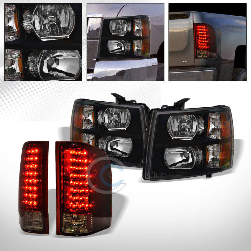 BLK HEAD LIGHTS SIGNAL AMBER+LED TAIL BRAKE LAMPS 07-13 14 CHEVY SILVERADO TRUCK
