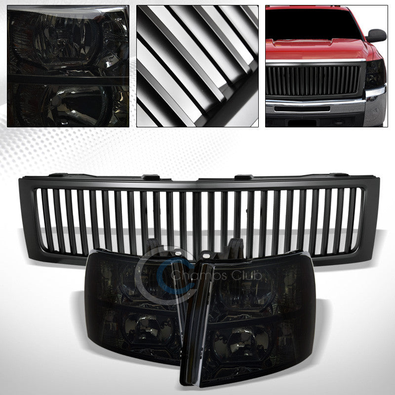 SMOKE HEAD LIGHTS SIGNAL AM+MATTE BLK VERTICAL GRILL GRILLE 07-13 SILVERADO 1500