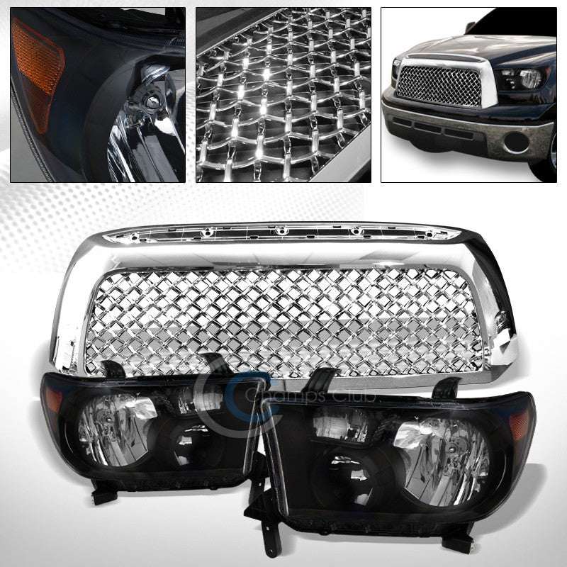 BLK HEAD LIGHTS SIGNAL LAMPS AMB NB+CHROME MESH BUMPER GRILL GRILLE 07-09 TUNDRA