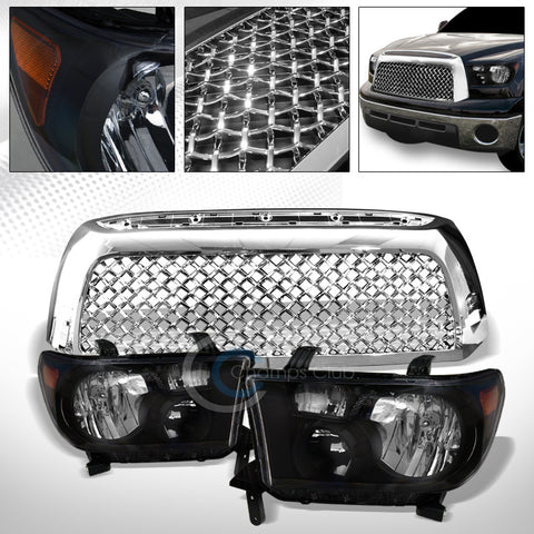 BLK HEAD LIGHTS SIGNAL LAMPS AMB NB+CHROME MESH BUMPER GRILL GRILLE 07-09 TUNDRA