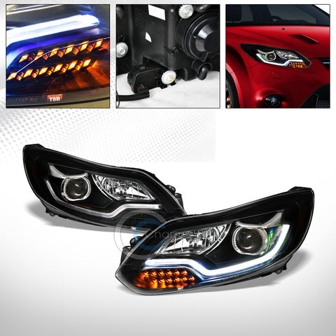 BLK DRL LED TUBE BAR PROJECTOR HEAD LIGHTS+LED SIGNAL AMBER AW 12-14 FORD FOCUS