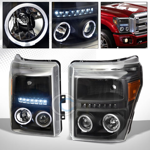 BLACK DRL LED HALO PROJECTOR HEAD LIGHTS AMBER DY 11-16 FORD F250/F350 SUPERDUTY