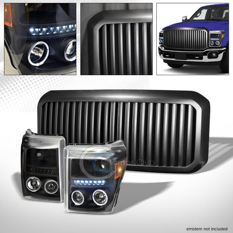 BLACK HALO LED PROJECTOR HEAD LIGHTS AM DY+VERTICAL GRILL GRILLE 11-16 F250/F350