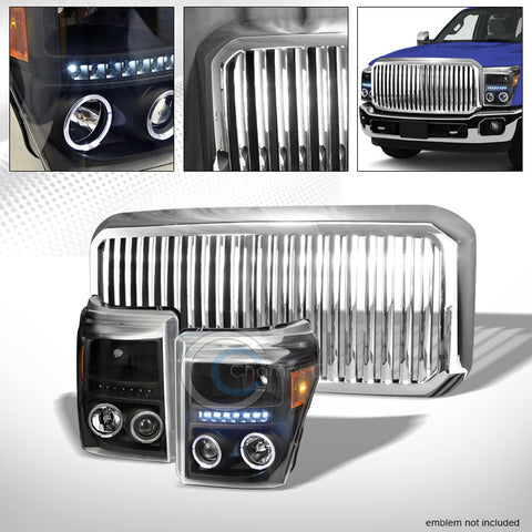 BLACK HALO LED PROJECTOR HEAD LIGHTS AM DY+CHROME VERTICAL GRILL 11-16 F250/F350