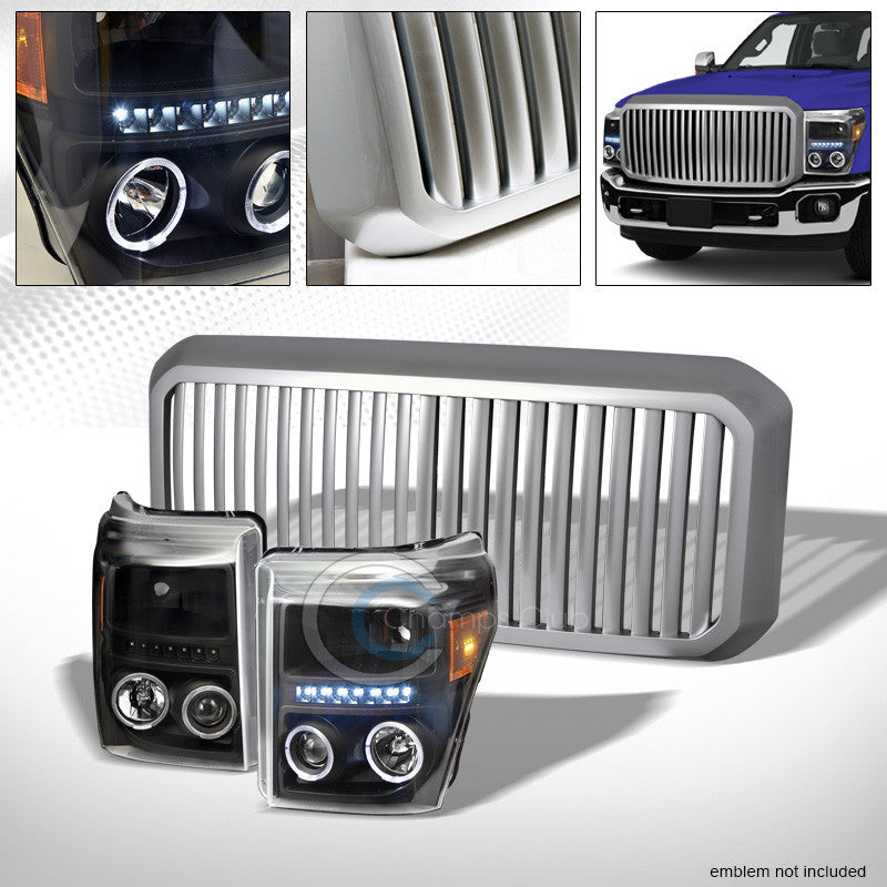 BLACK HALO LED PROJECTOR HEAD LIGHTS AM DY+SILVER VERTICAL GRILL 11-16 F250/F350
