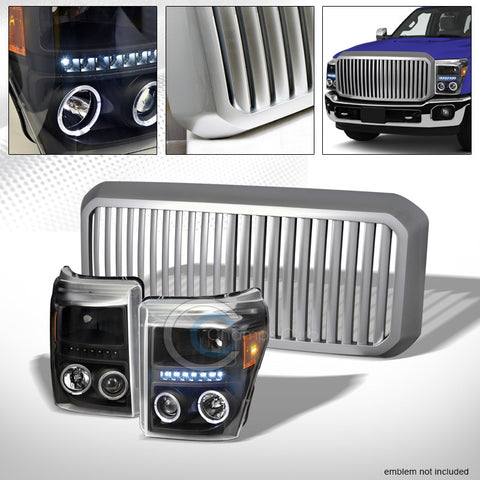 BLACK HALO LED PROJECTOR HEAD LIGHTS AM DY+SILVER VERTICAL GRILL 11-16 F250/F350