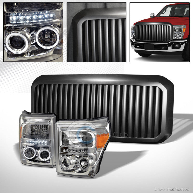 CHROME HALO LED PROJECTOR HEAD LIGHTS AM DY+BLACK VERTICAL GRILL 11-16 F250/F350