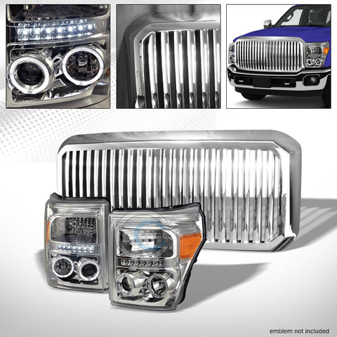 CHROME HALO LED PROJECTOR HEAD LIGHTS AM DY+VERTICAL GRILLE 11-16 FORD F250/F350