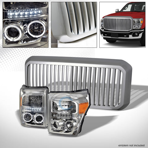 CHROME HALO LED PROJECTOR HEAD LIGHTS A DY+SILVER VERTICAL GRILL 11-16 F250/F350