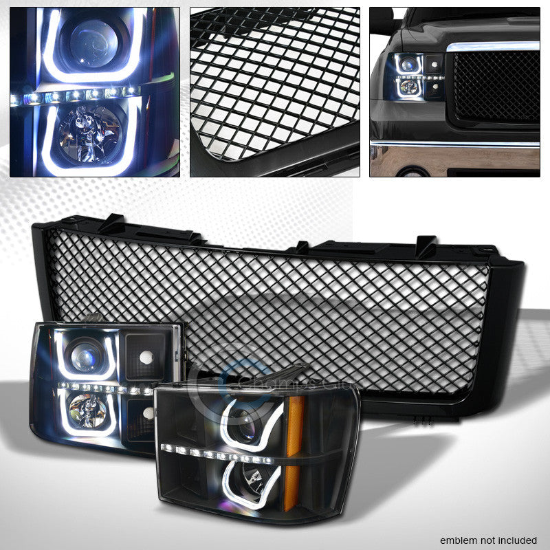 BLK LED U-SHAPE PROJECTOR HEAD LIGHTS SIGNAL+MESH FRONT GRILLE 07-13 SIERRA 1500