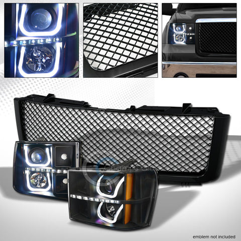 BLK LED U-SHAPE PROJECTOR HEAD LIGHTS SIGNAL+MESH FRONT GRILLE 07-13 SIERRA 1500