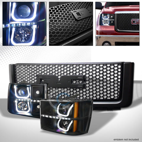 BLACK LED U-SHAPE PROJECTOR HEAD LIGHTS+ROUND MESH GRILLE 07-13 GMC SIERRA 1500