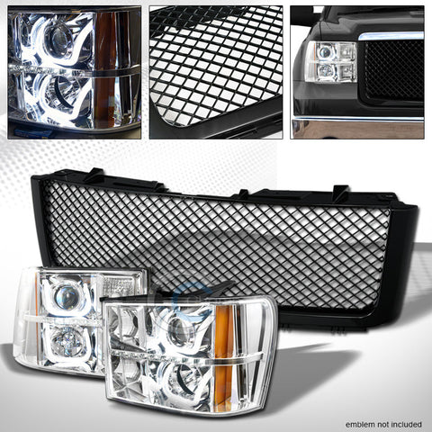 CHROME LED U-SHAPE PROJECTOR HEAD LIGHTS SIGNAL+BLK MESH GRILL 07-13 SIERRA 1500