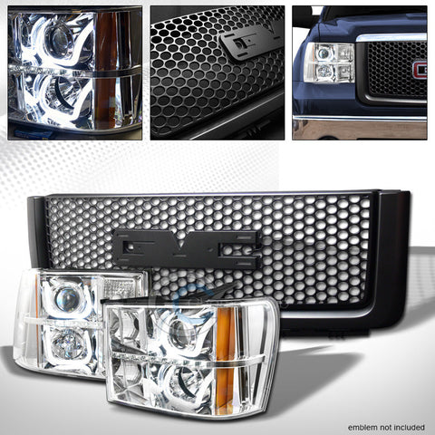 CHROME LED U-SHAPE PROJECTOR HEAD LIGHTS+BLK ROUND MESH GRILL 07-13 SIERRA 1500