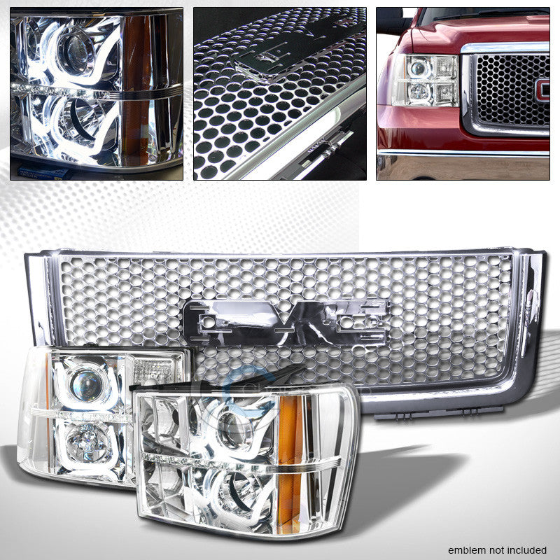 CHROME LED U-SHAPE PROJECTOR HEAD LIGHTS+ROUND MESH GRILLE 07-13 GMC SIERRA 1500