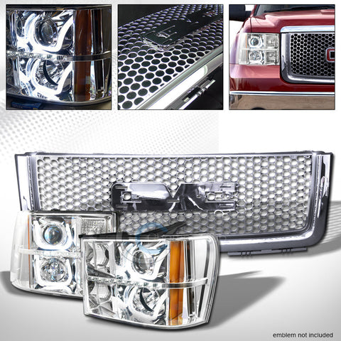 CHROME LED U-SHAPE PROJECTOR HEAD LIGHTS+ROUND MESH GRILLE 07-13 GMC SIERRA 1500
