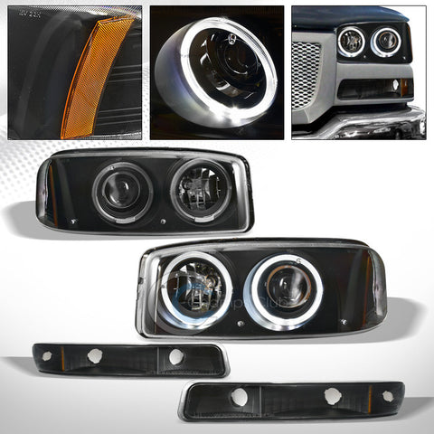 BLK HALO PROJECTOR HEAD LIGHTS+BUMPER SIGNAL LAMPS AM DY 99-07 GMC SIERRA/YUKON